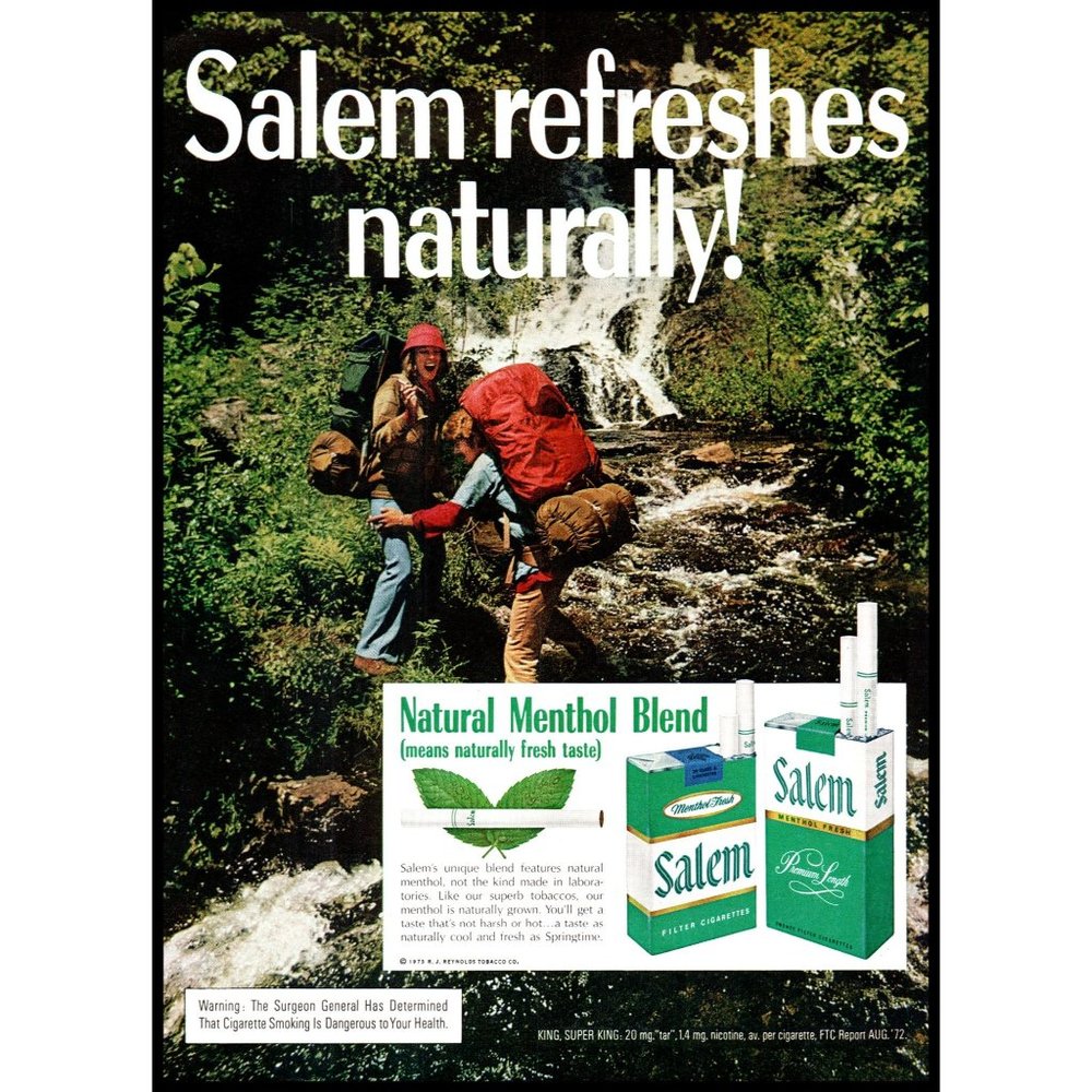 1973 Salem Cigarettes Vintage Print Ad Nature Hiking Backpacking Waterfall Art